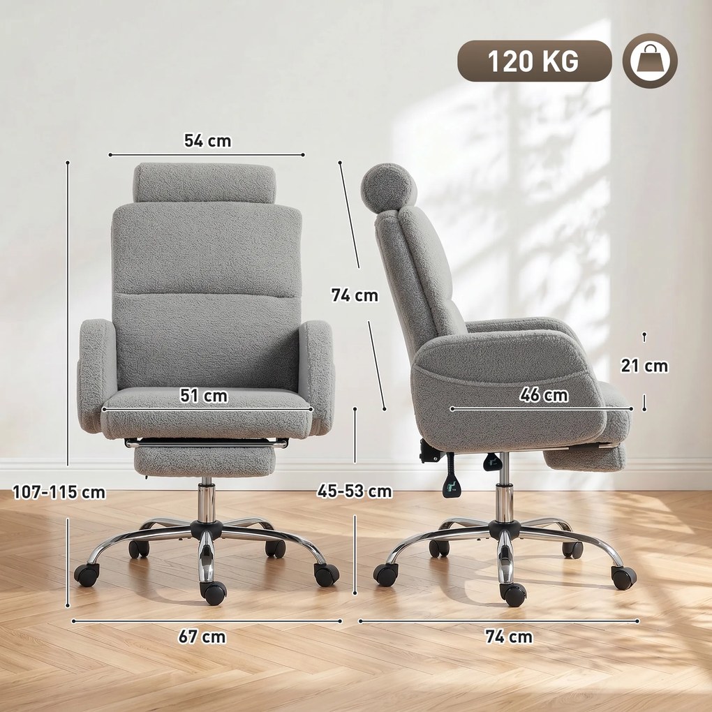 Cadeira de Escritório com Apoio para Pés Estofada em Borreguito e Encosto Reclinável 67x74x107-115 cm Cinza Claro