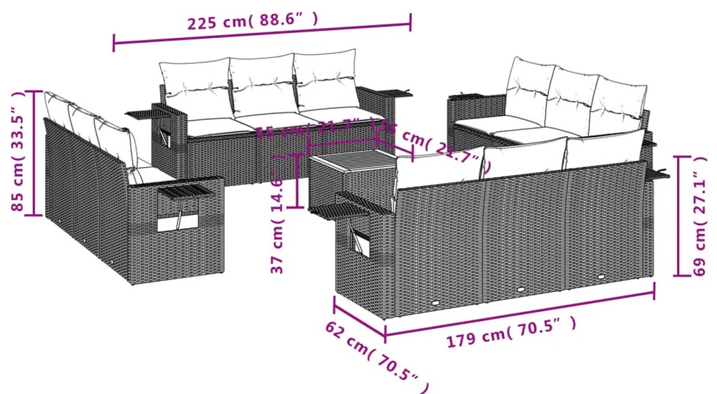 13 pcs conjunto sofás p/ jardim c/ almofadões vime PE cinzento