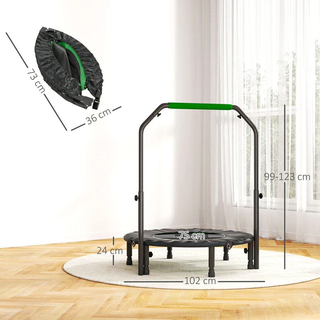 Trampolim Fitness Ø102 Trampolim Dobrável com Pega Ajustável em 4 Níveis Estrutura de Aço Verde