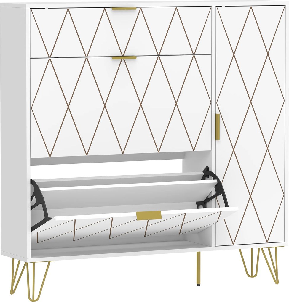 HOMCOM Sapateira Estreita com 2 Compartimentos Abatíveis Armário e Prateleiras Ajustáveis 10-14 Pares 110x25x110,6 cm Branco | Aosom Portugal
