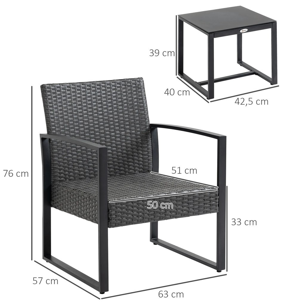Conjunto de Móveis de Jardim de Vime 3 Peças com 1 Mesa 42,5x40x39 cm 2 Poltronas 63x57x76 cm Cinzento e Preto