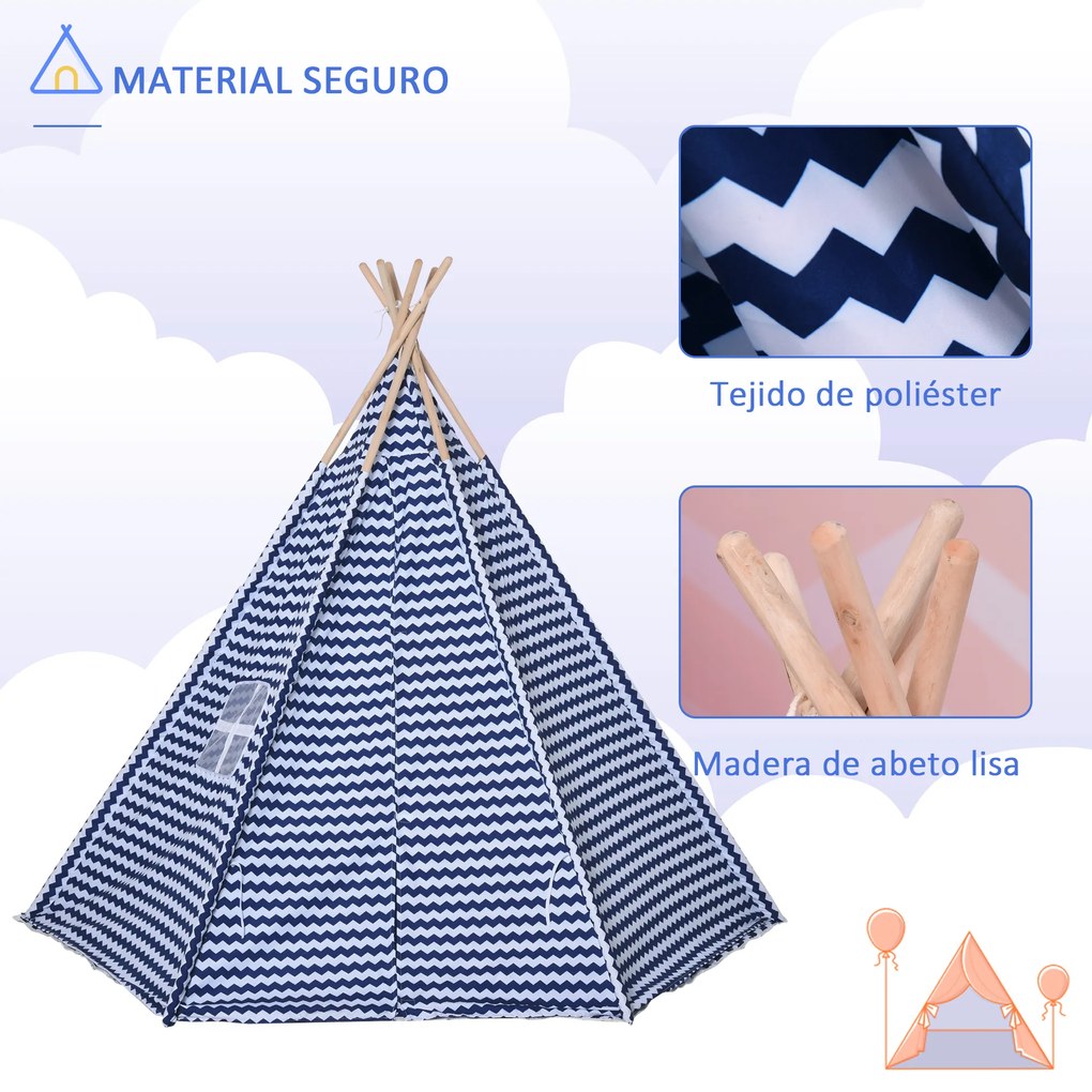 HOMCOM Tenda Infantil Tipi infantil estilo indiano com janela para cobrir o piso e 2 almofadas Bolsa de transporte 200x200x170 cm Azul