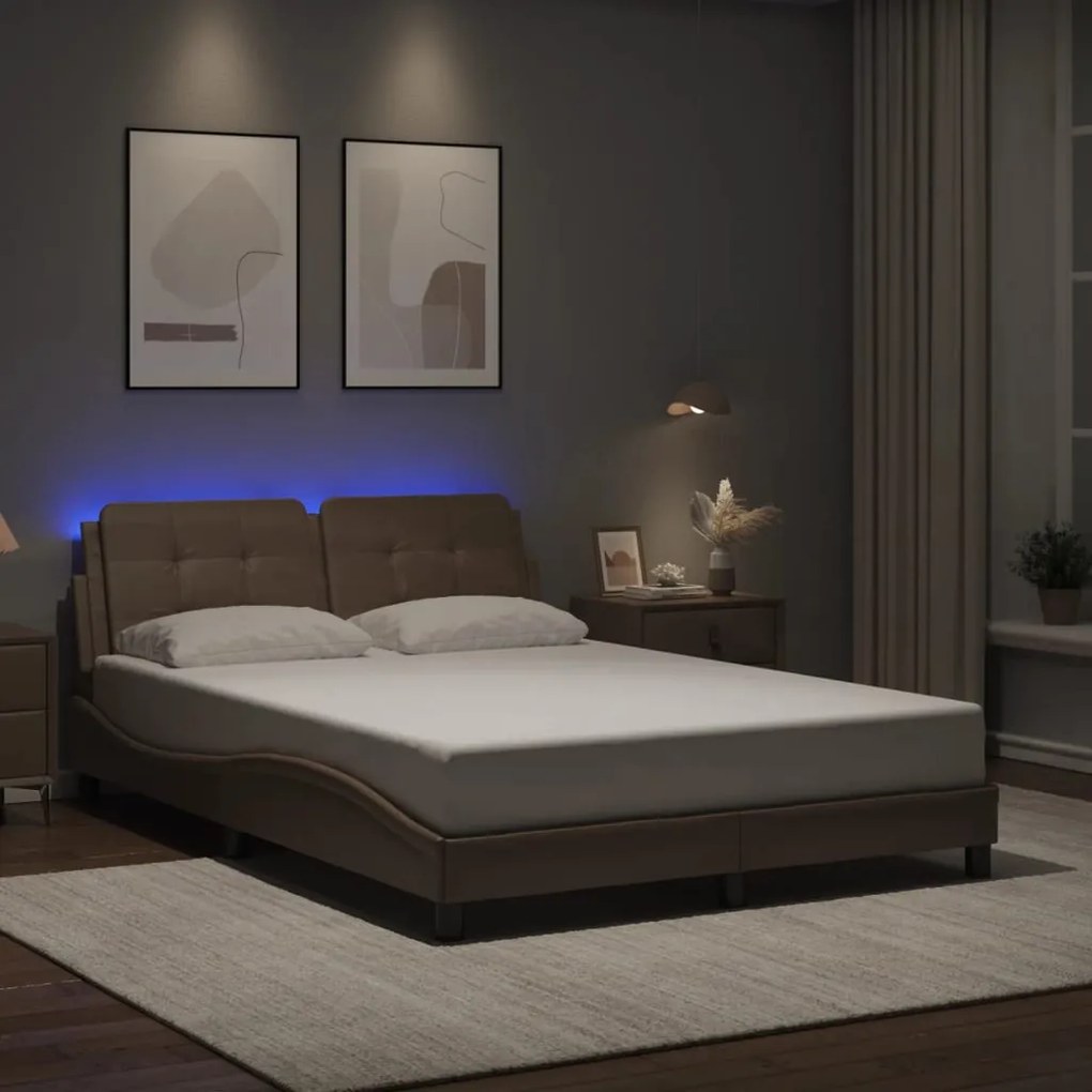 Estrutura cama c/ luzes LED 140x190 cm couro artif. cappuccino