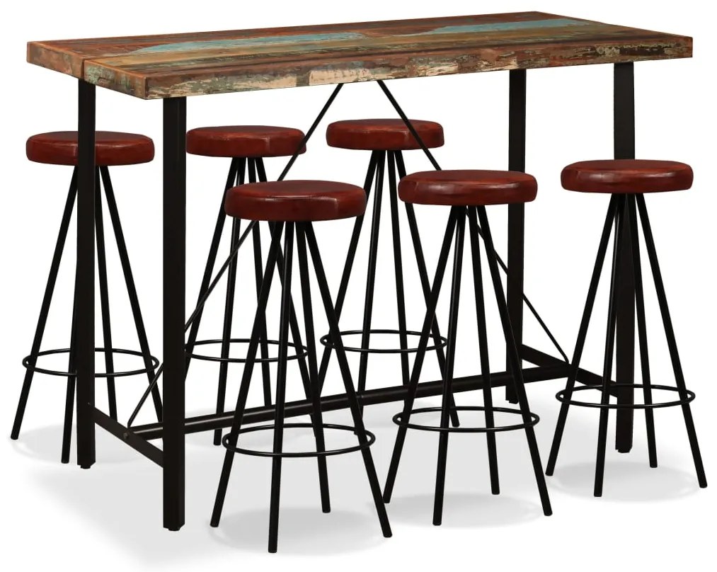 Conjunto de bar 7 pcs madeira recuperada maciça e couro genuíno