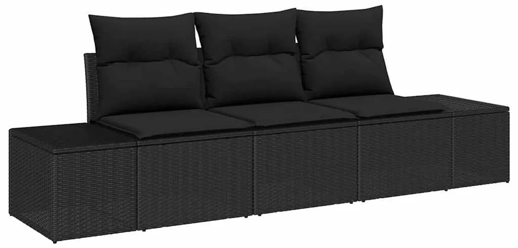 Conjunto de Sofá de Jardim 3 Peças com Almofadas Preto em Poly Rattan