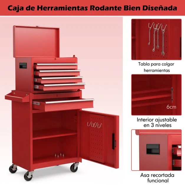 Armário de ferramentas removível para garagem com rodas com trava, estofamento ajustável e forro antiderrapante 59 x 28 x 102 cm Vermelho