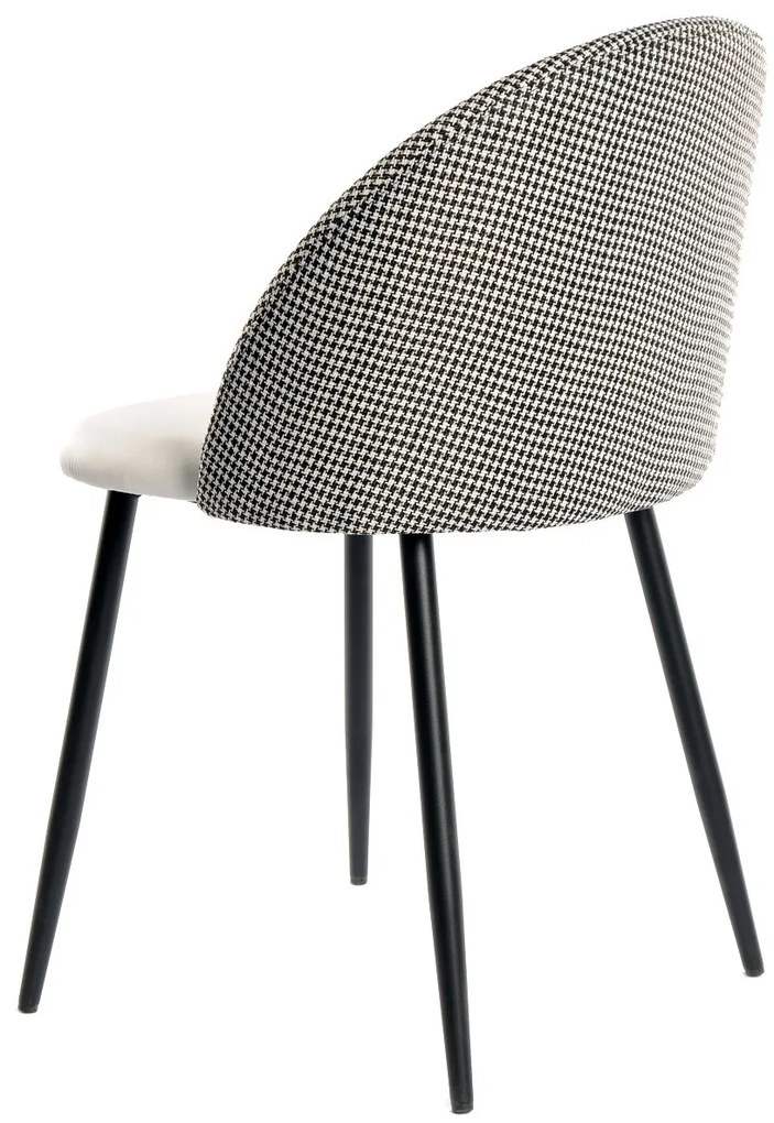 Conjunto 4 Cadeiras de Cozinha e Sala de Jantar ETNA, metal preto, tecido houndstooth e pele sintética branca