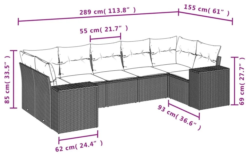 7 pcs conjunto de sofás p/ jardim com almofadões vime PE bege