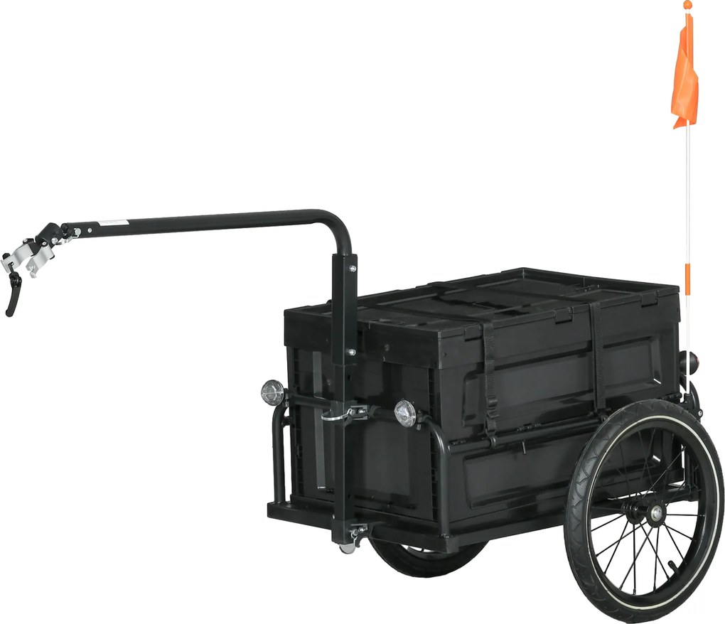 Reboque para bicicleta com caixa de arrumação removível e dobrável de 65 L, refletores de segurança, carga máxima de 40 kg, preto