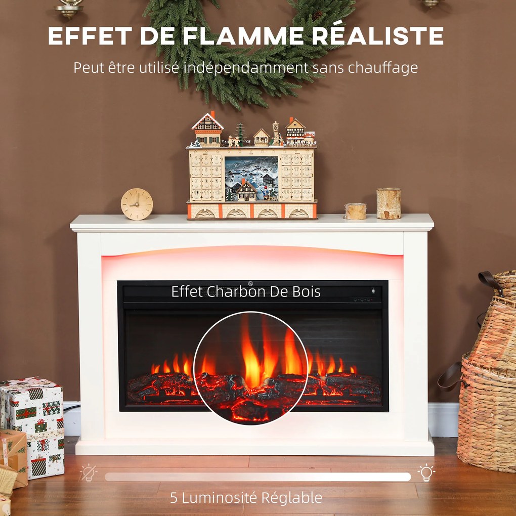 Lareira elétrica de 1000 W/2000 W 121 x 25 x 77 cm, lareira decorativa, efeito de chama com 5 níveis de luminosidade ajustáveis, branca