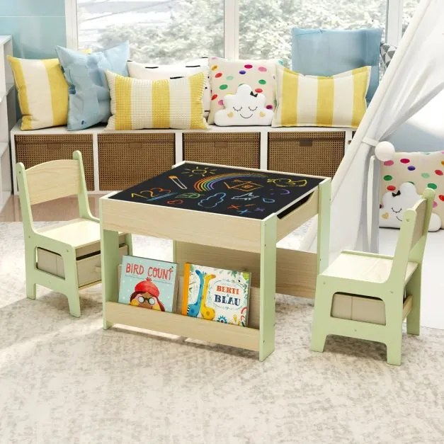 Conjunto de mesa e cadeiras infantil Mesa de atividades 4 em 1 para crianças com superfície reversível Prateleiras para livros e caixas Verde