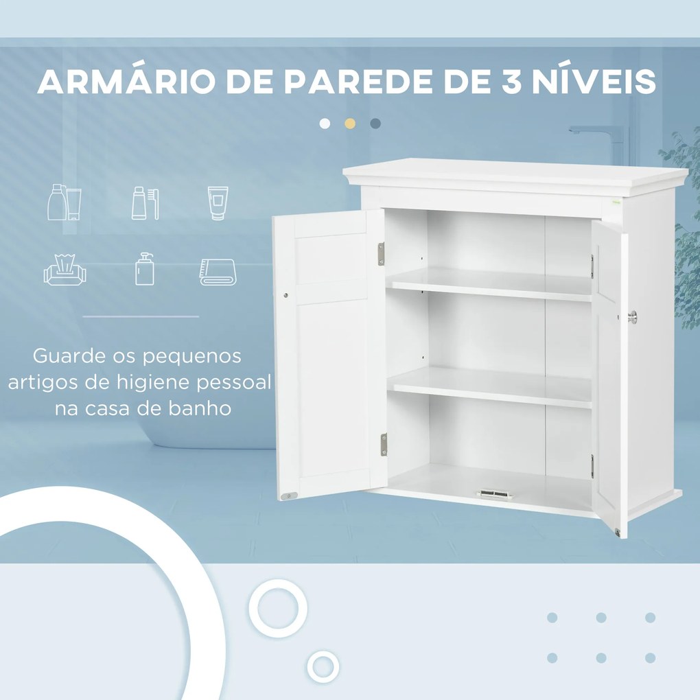 Armário Casa de Banho de Parede com Prateleiras Ajustáveis e Portas com Fechadura Magnéticas 58x24x60 cm Branco