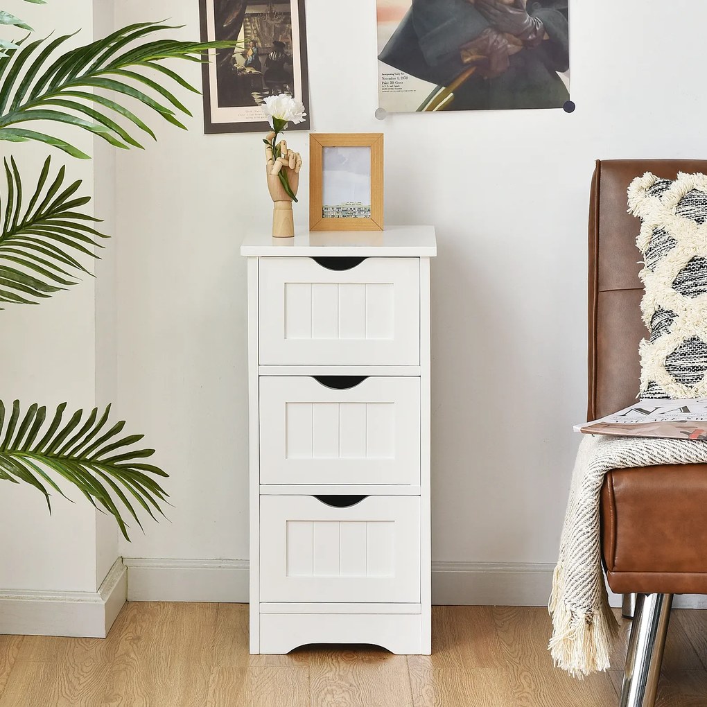 Armário com 3 Gavetas Verticais de Madeira Cómoda Moderna para Sala Quarto casa de banho Escritório  28 x 29 x 63,5 cm Branco