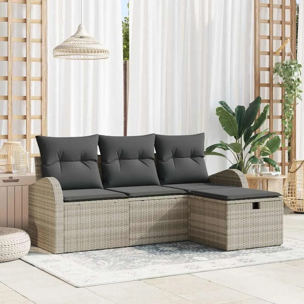 Conjunto de Sofá de Jardim de 4 Peças com Almofadas Cinza Claro Rattan