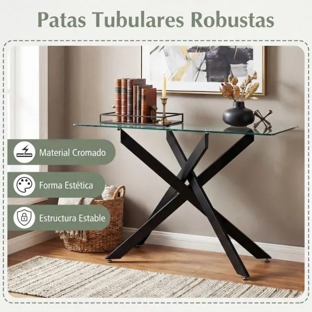 Mesa Consola 115 x 45 x 78 cm com Tampo Temperado e Pernas de Metal para Sala, hall Entrada Preta