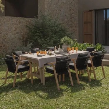 Conjunto De Mesa Retangular Extensível 200-260-320x100 Cm E 8 Cadeiras De Jardim Com Apoios De Braços Em Madeira - Sklum