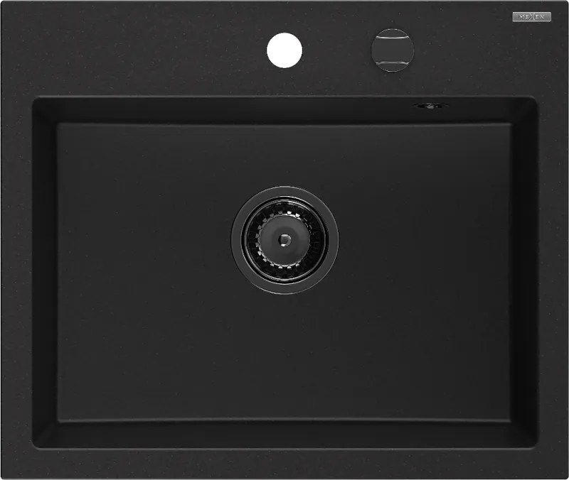 Mexen Oscar lava-louça de granito de 1 cuba 580 x 490 mm, preto, sifão preto - 6519581000-77-B