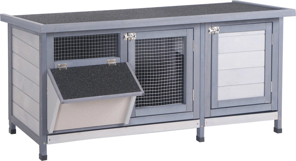PawHut Coelheira de Madeira Gaiola para Coelhos com Telhado Asfáltico Rebatível Portas com Fecho Bandejas Removíveis 112x50x54 cm Cinzento | Aosom Portugal