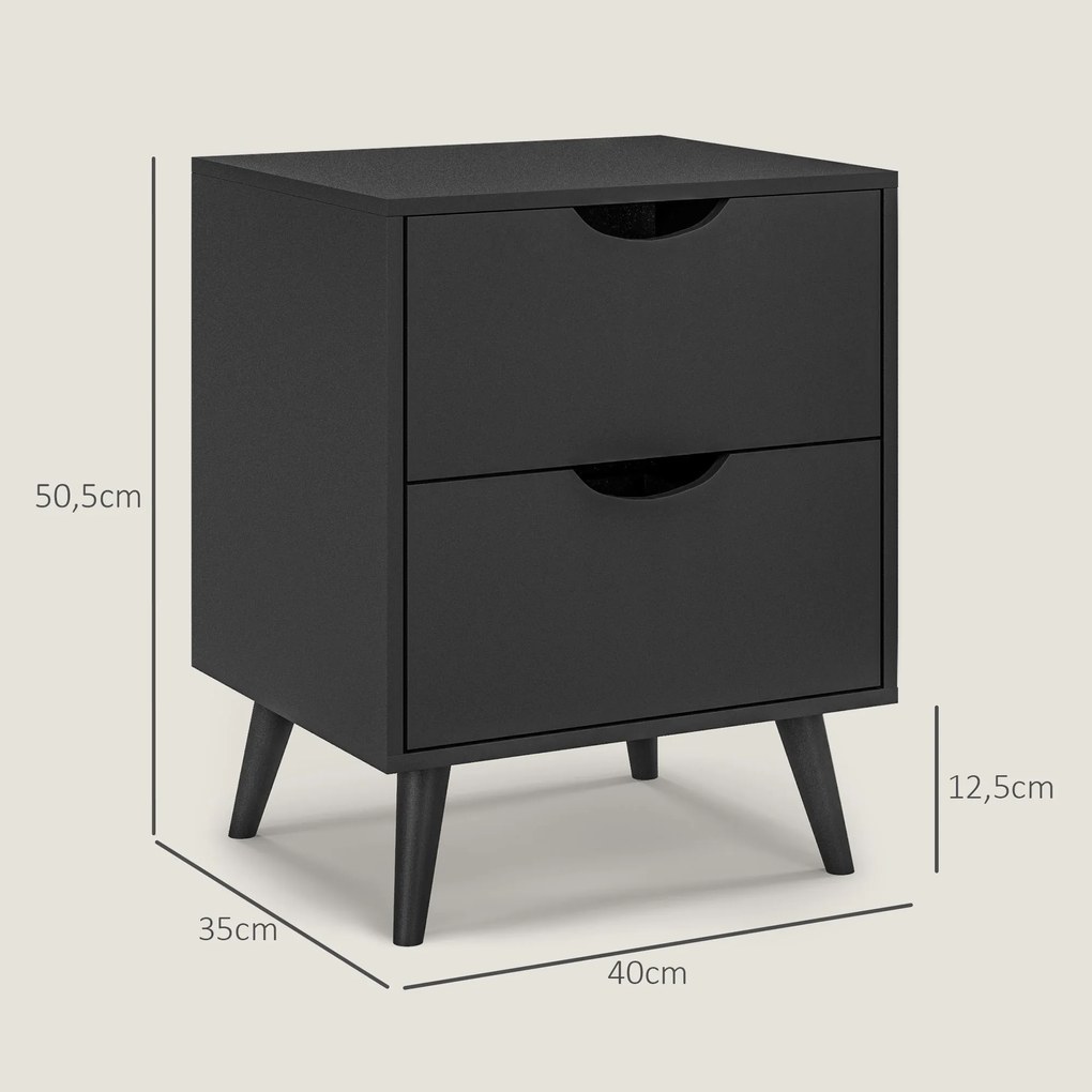 Mesa de cabeceira com 2 gavetas 40 x 35 x 50,5 cm, estilo escandinavo, para quarto ou sala de estar Preta