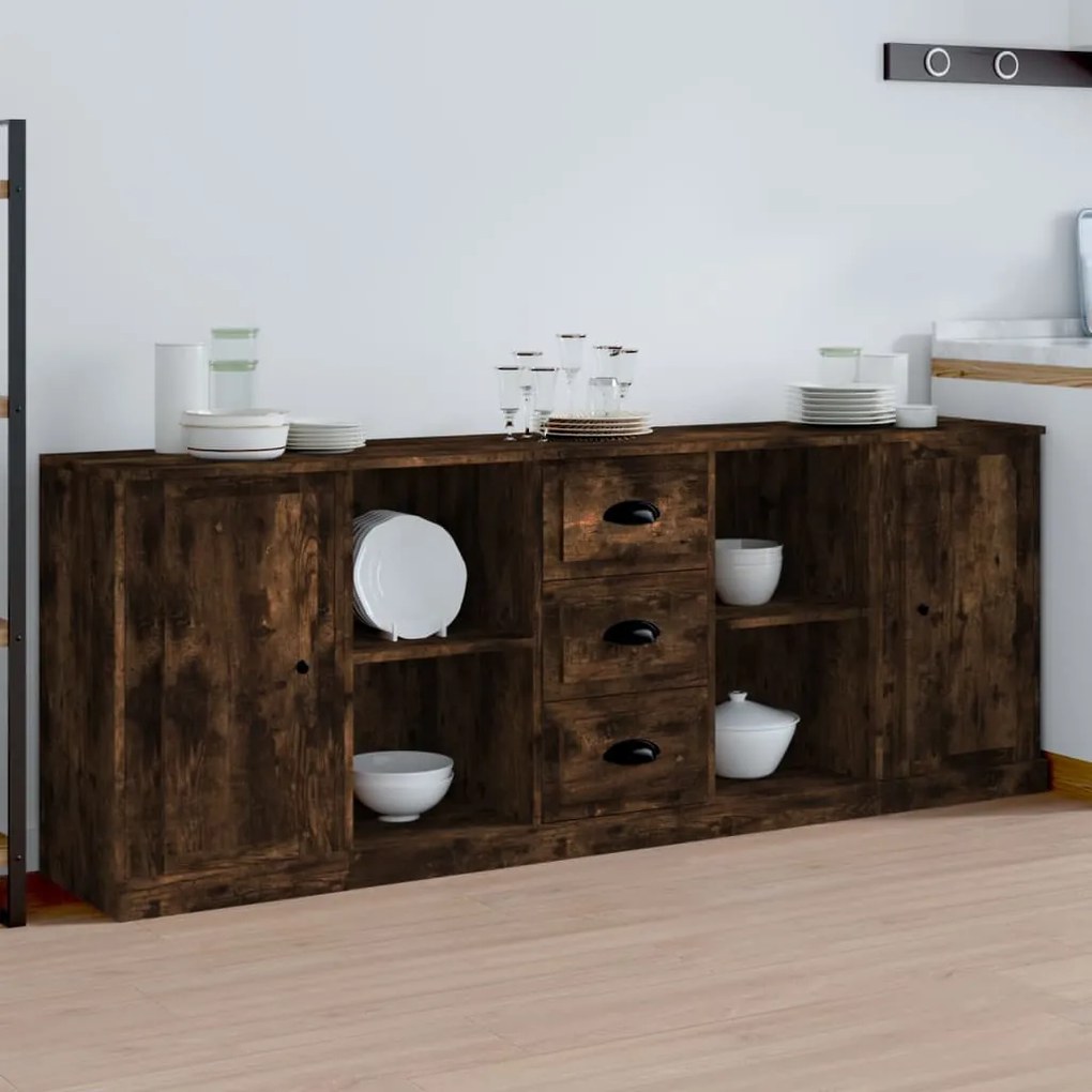 vidaXL Aparadores 3 pcs madeira processada cor carvalho fumado