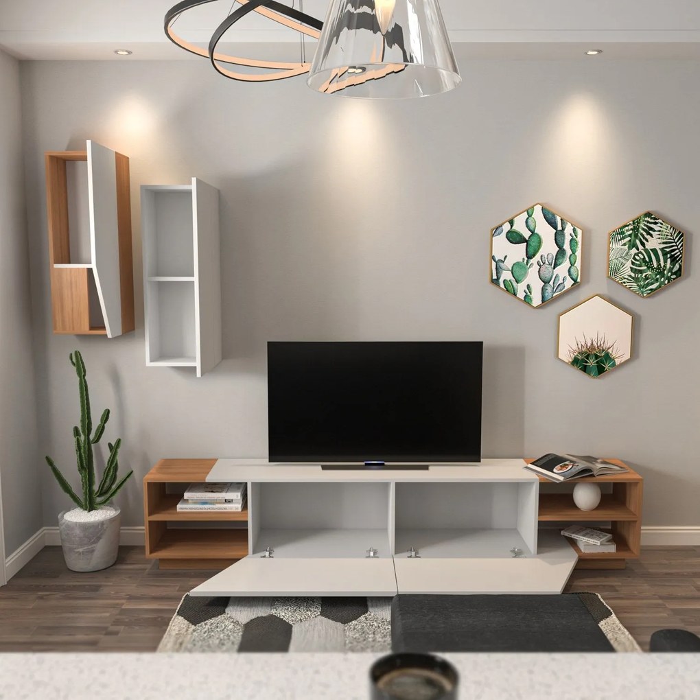 Móvel TV Zebra – Branco e Teca – 240x47x37,5 cm