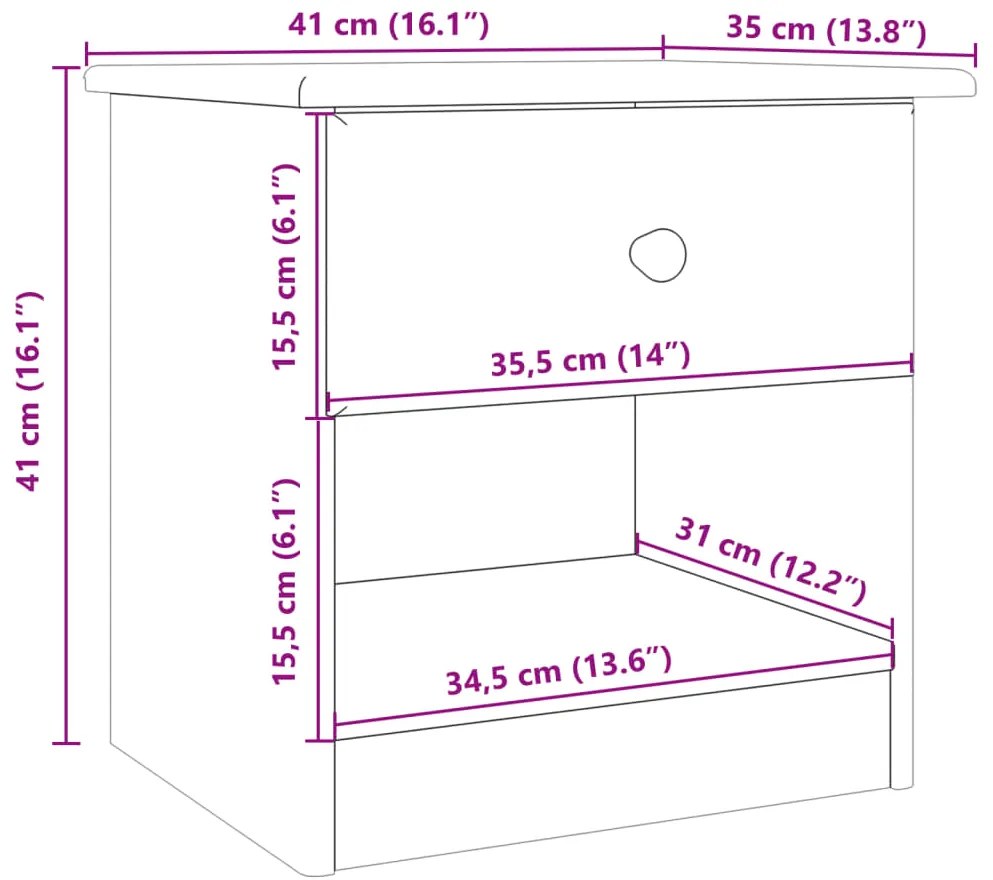 Mesa de cabeceira ALTA 41x35x41 cm pinho maciço branco
