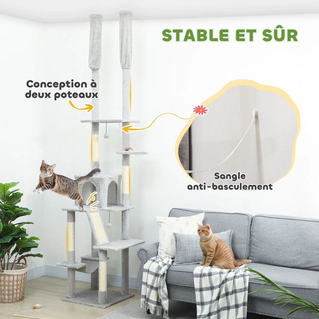 Árvore para gatos do chão ao teto, com arranhador, altura ajustável de 225 a 255 cm, 6 níveis e nicho com rede, cinza claro