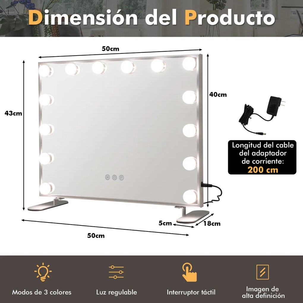 Espelho de maquilhagem iluminado com LED 2 em 1 Espelho de mesa e de parede Espelho retangular para toucador com 3 modos de iluminação Controlo tátil