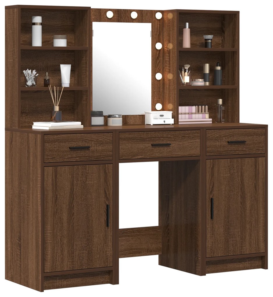 Conjunto de Mesa de Maquiagem 3 Peças MDF Madeira Envelhecida