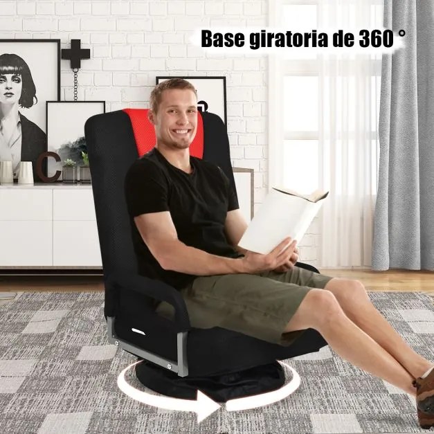 Cadeira de chão para jogos dobrável de 6 posições ajustável com base giratória de 360° para leitura e relaxamento 61-87 x 55 x 75 cm Vermelha