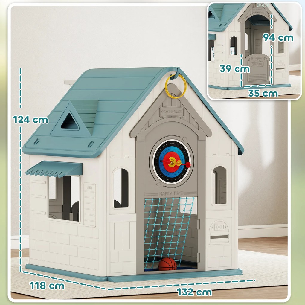 Casa de Brincar para Crianças 5 em 1 Casa de Jardim com Lançamento de Anéis Basquetebol Futebol Dardos 132x118x124 cm Bege, verde, cinzento