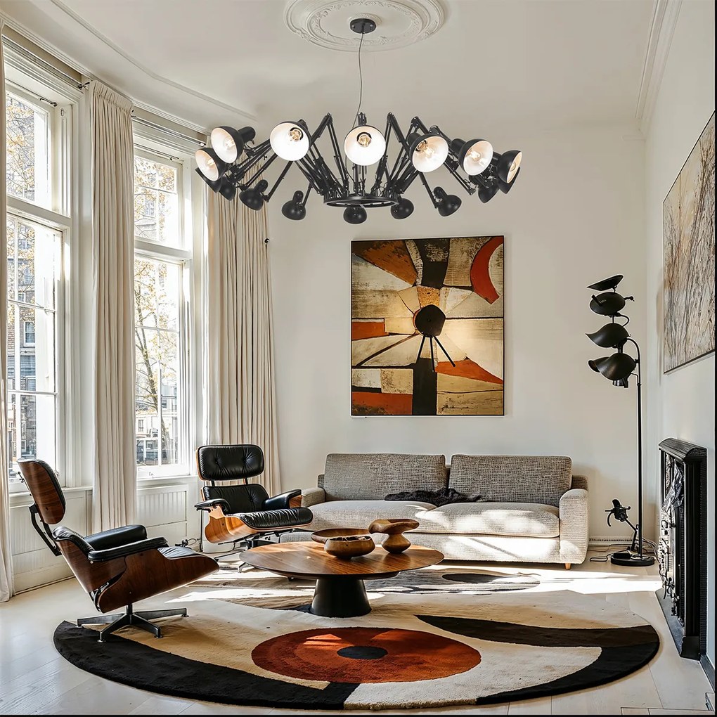 Candeeiro de suspensão industrial preto 16 luzes reguláveis - Hobby Spinne