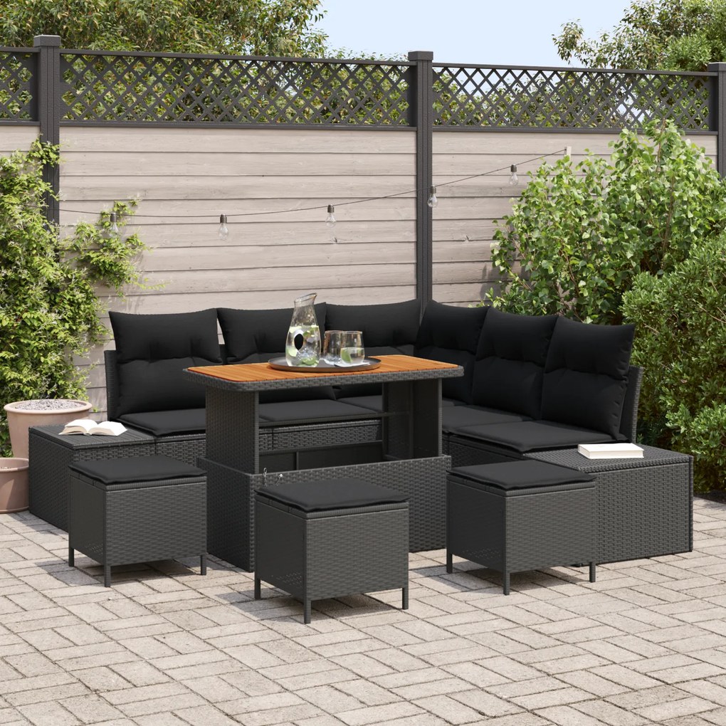 Conjunto de Sofá de Jardim vidaXL de 9 Peças com Almofadas Preto Vime Sintético Acácia