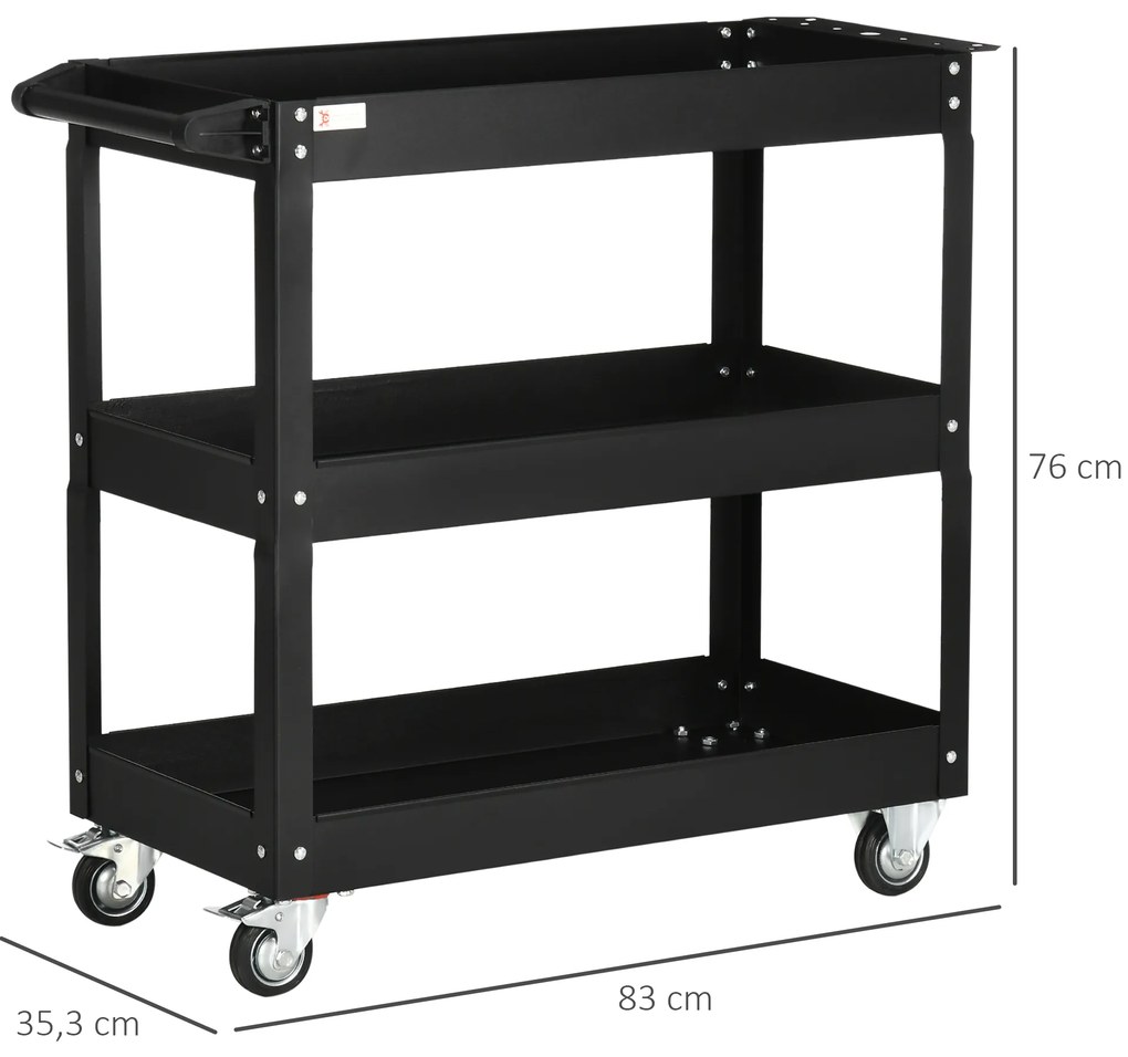 DURHAND Carrinho de Ferramentas com Rodas Carro de Ferramentas de Oficina de Aço com 3 Prateleiras de Armazenamento e Alça Lateral para Garagem Oficina Carga Máxima 150kg 78,8x35,3x72cm Preto