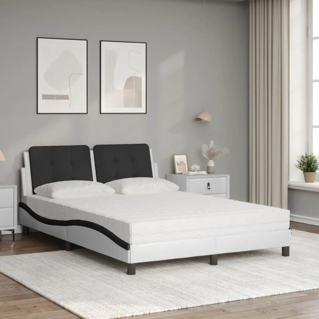 Cama com colchão 140x200 cm couro artificial preto e branco