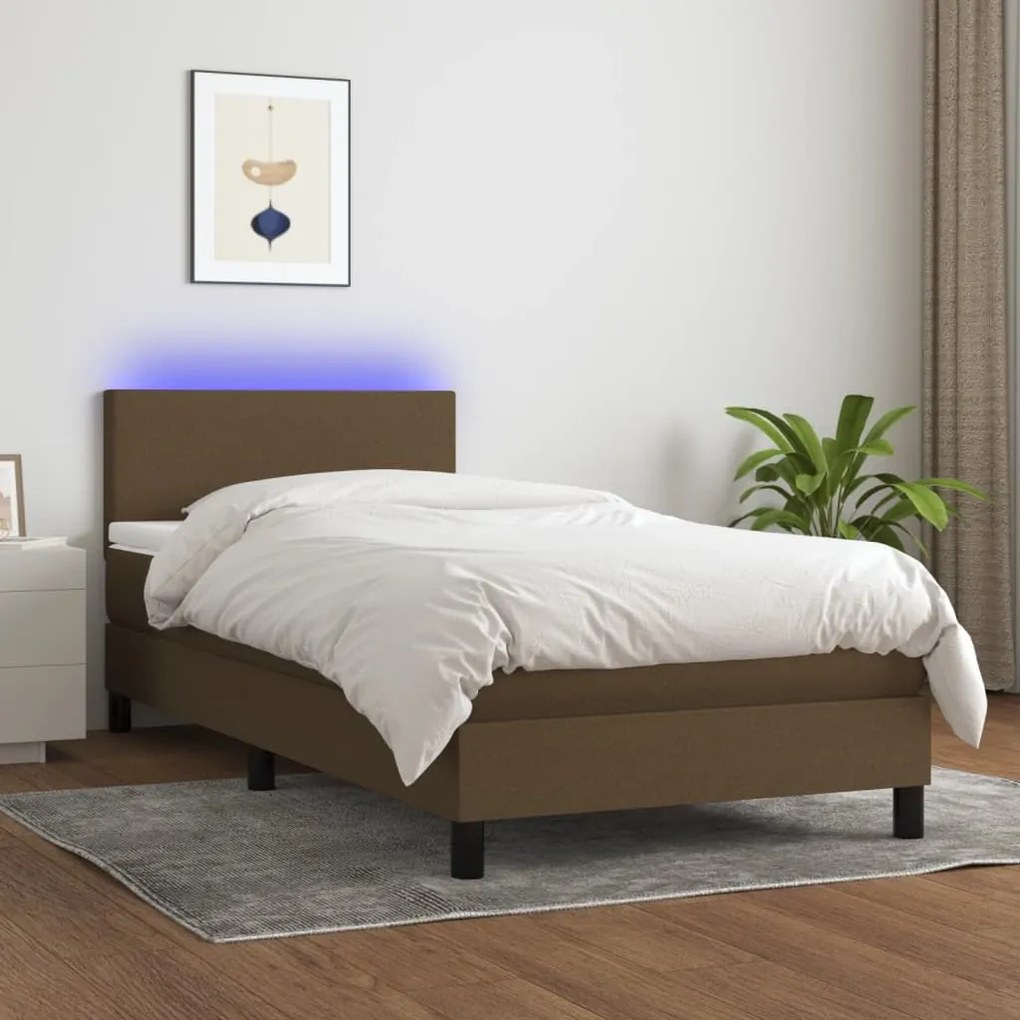 Cama box spring c/ colchão/LED 90x190 cm tecido castanho-escuro