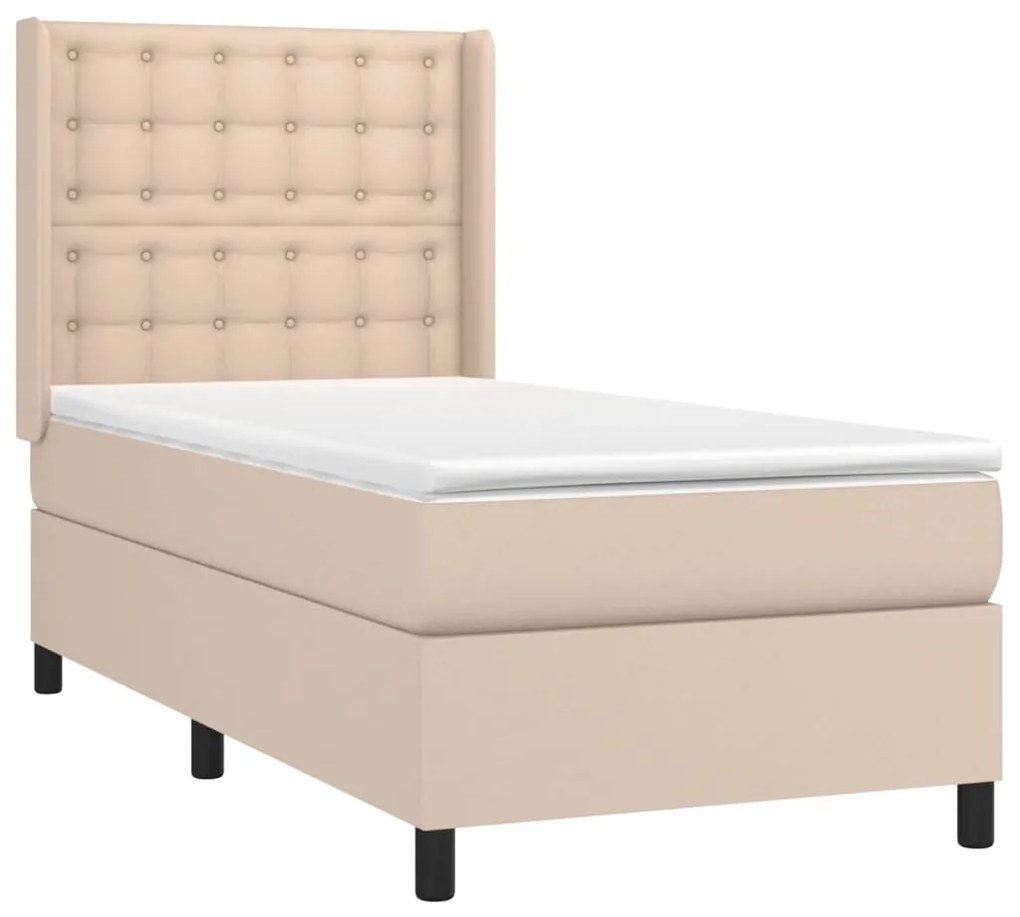 Cama box spring c/ colchão/LED 90x200cm couro artif. cappuccino