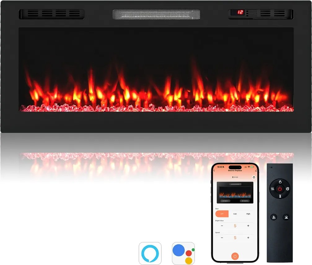 Lareira elétrica 91,4 x 10 x 46 cm 750 W/1500 W embutir na parede compatível com Alexa e Google Assistant com APP e comando Preto