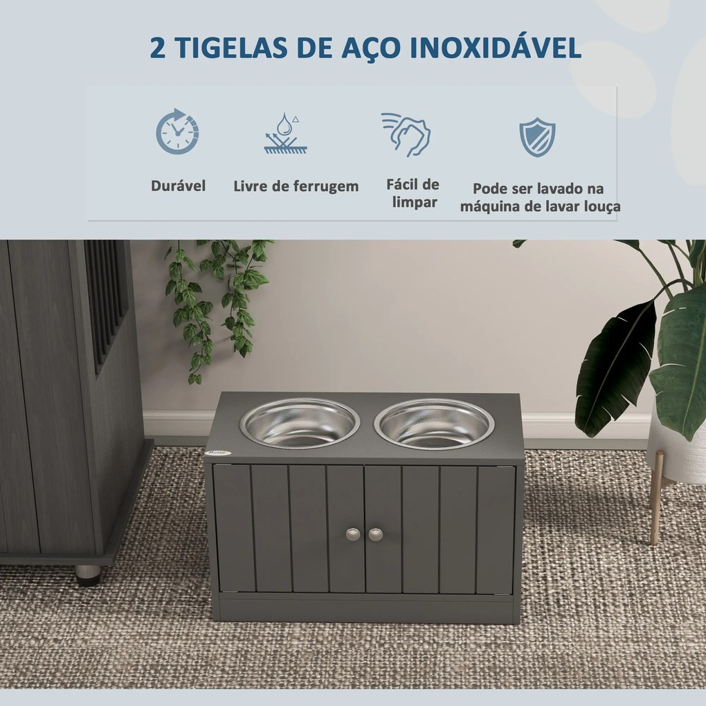 Comedouro Elevado para Cães Grandes com 2 Tigelas de 2L em Aço Inoxidável, 2 Portas e Arrumação, 60x30x35,5 cm, Cinzento