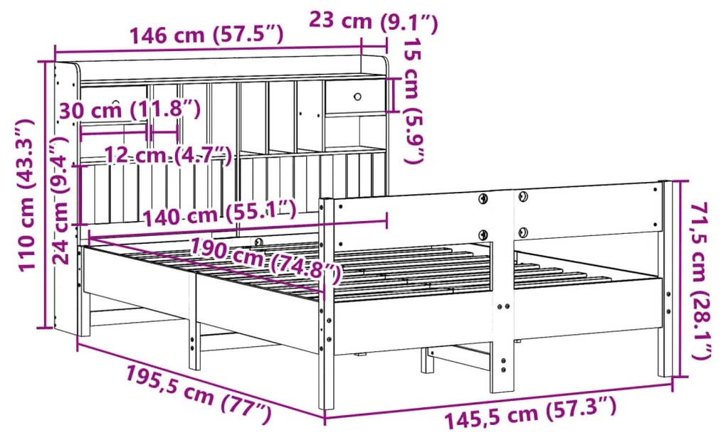 Cama com estante sem colchão 140x190 cm pinho maciço