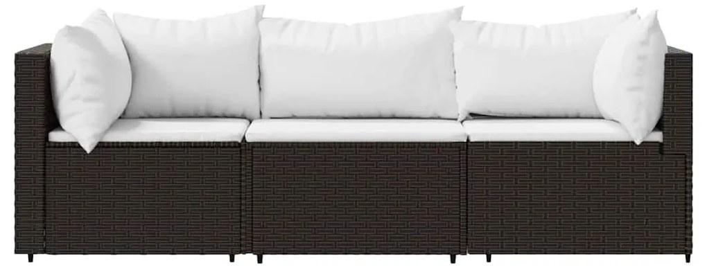 3 pcs conjunto lounge jardim c/ almofadões vime PE castanho