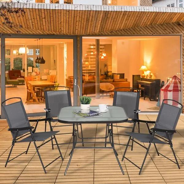 Outsunny 5 peças jardim conjunto de jantar cadeiras dobráveis e mesas de café Móveis de exterior com furo de guarda-sois