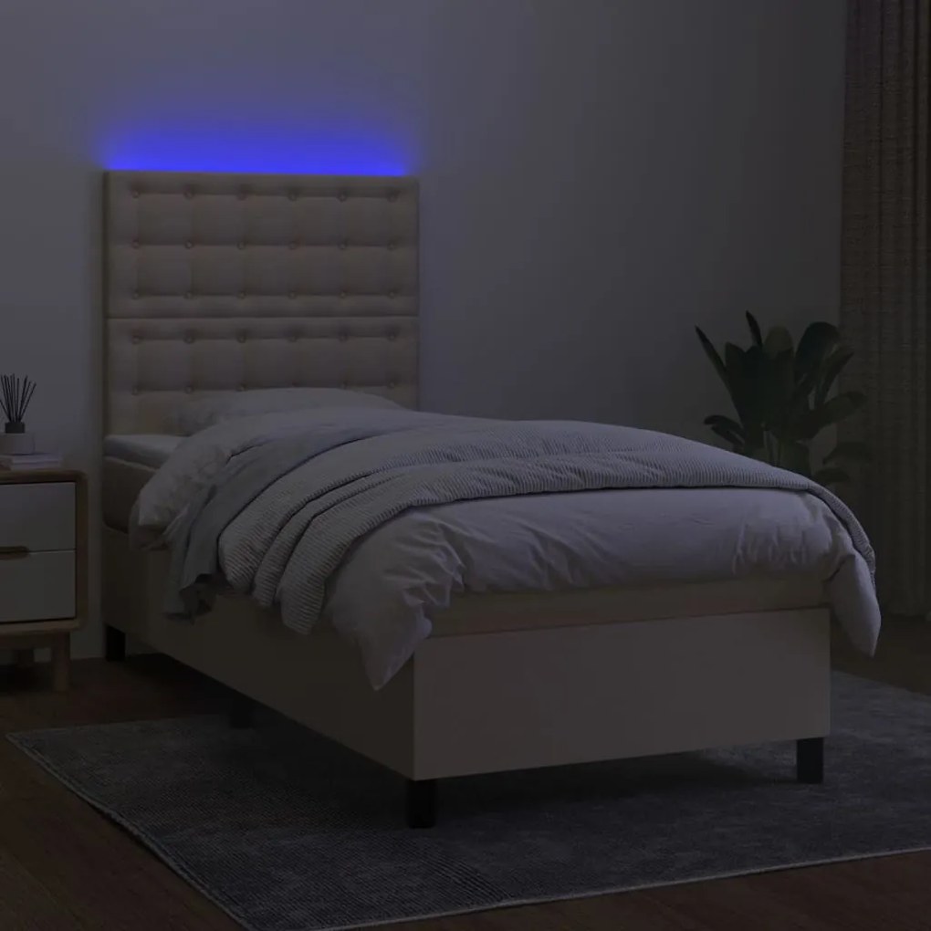 Cama box spring c/ colchão e LED 90x200 cm tecido cor creme