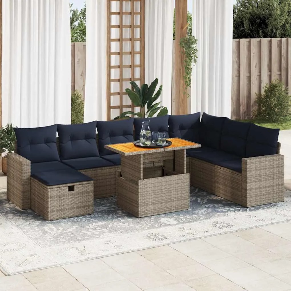 9 pcs conjunto sofás jardim almofadões vime PE/acácia cinzento
