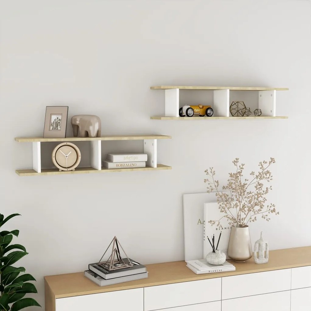 vidaXL Estantes de parede 2pcs 90x18x20 cm contraplacado branco/sonoma