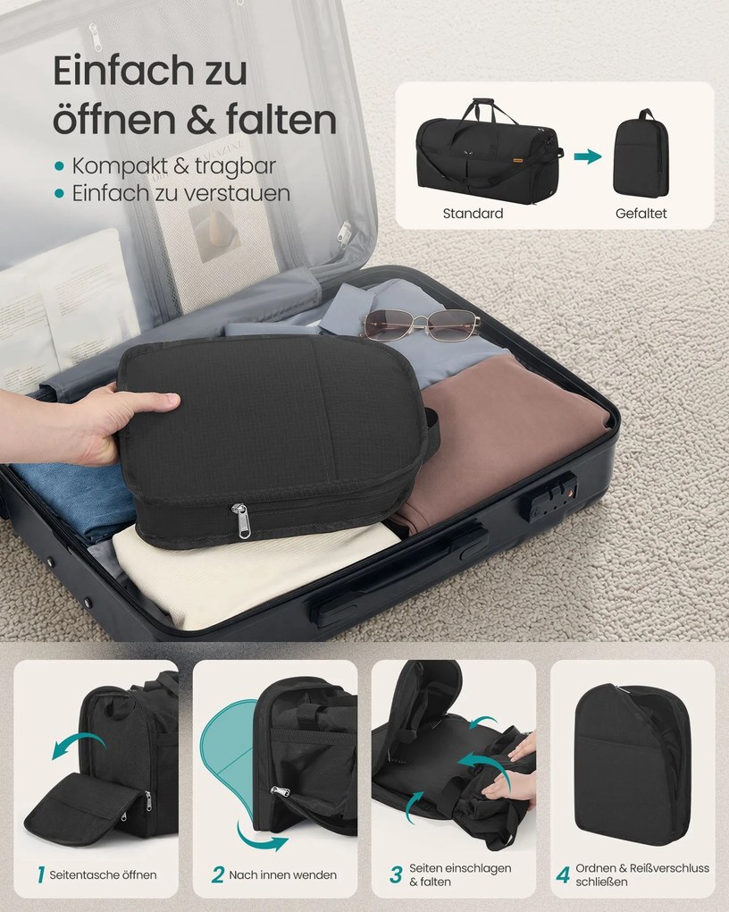 Saco de desporto dobrável muito grande 120 L, com compartimentos para sapatos e para roupa molhada Preto