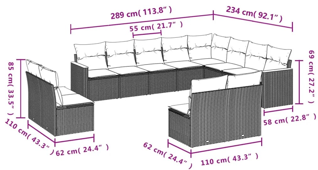 12 pcs conjunto de sofás p/ jardim com almofadões vime PE bege