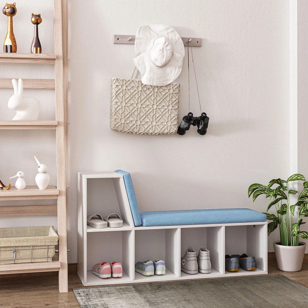 Banco 2 em 1 com 5 compartimentos de arrumação e 2 almofadas, 108 x 30 x 60 cm, branco e azul