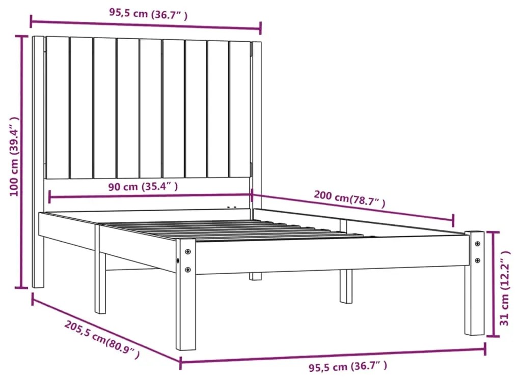 Estrutura de cama 90x200 cm pinho maciço branco