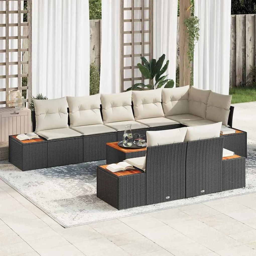vidaXL Conjunto de Sofá de Jardim 9 pcs Preto e creme Rattan Sintético